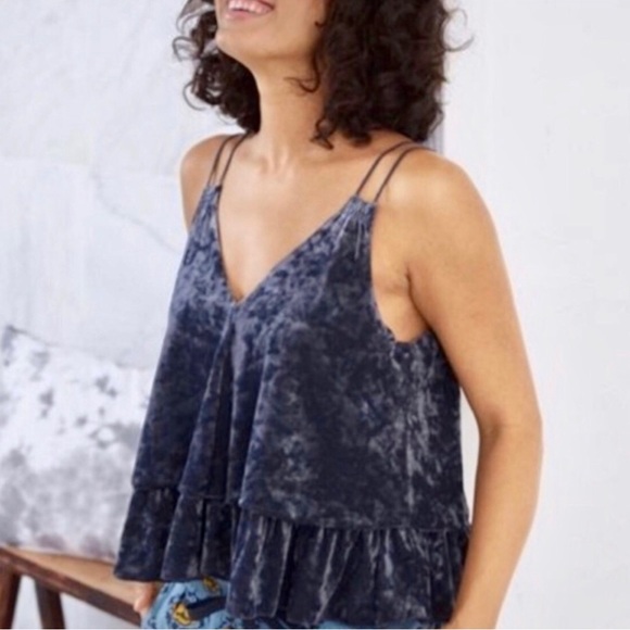 aerie Tops - Aerie Crushed Velvet Dusty Blue Double Strap Ruffle Two Tier Crop Top Tank Sz Sm